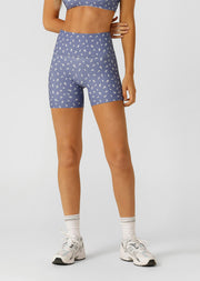 Lorna Jane Blue Fleur Hi Fold No Ride 12cm Bike Shorts - Blue Fleur Print