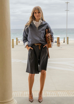 Lorna Jane Effortless Tailored Bermuda Shorts - Titanium Pinstripe