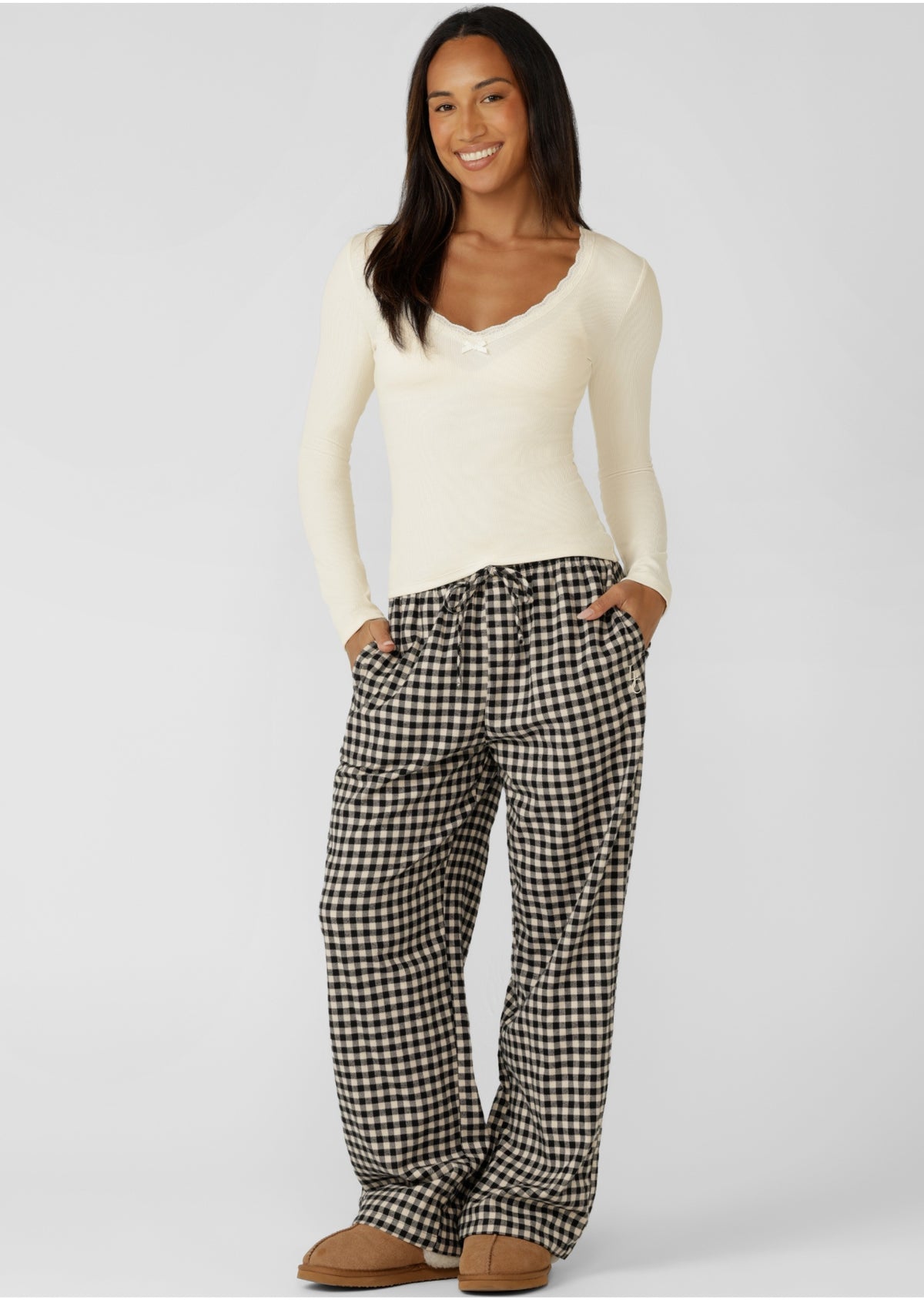 Lorna Jane Sugarplaid Flannel Lounge Pants - Cream Check