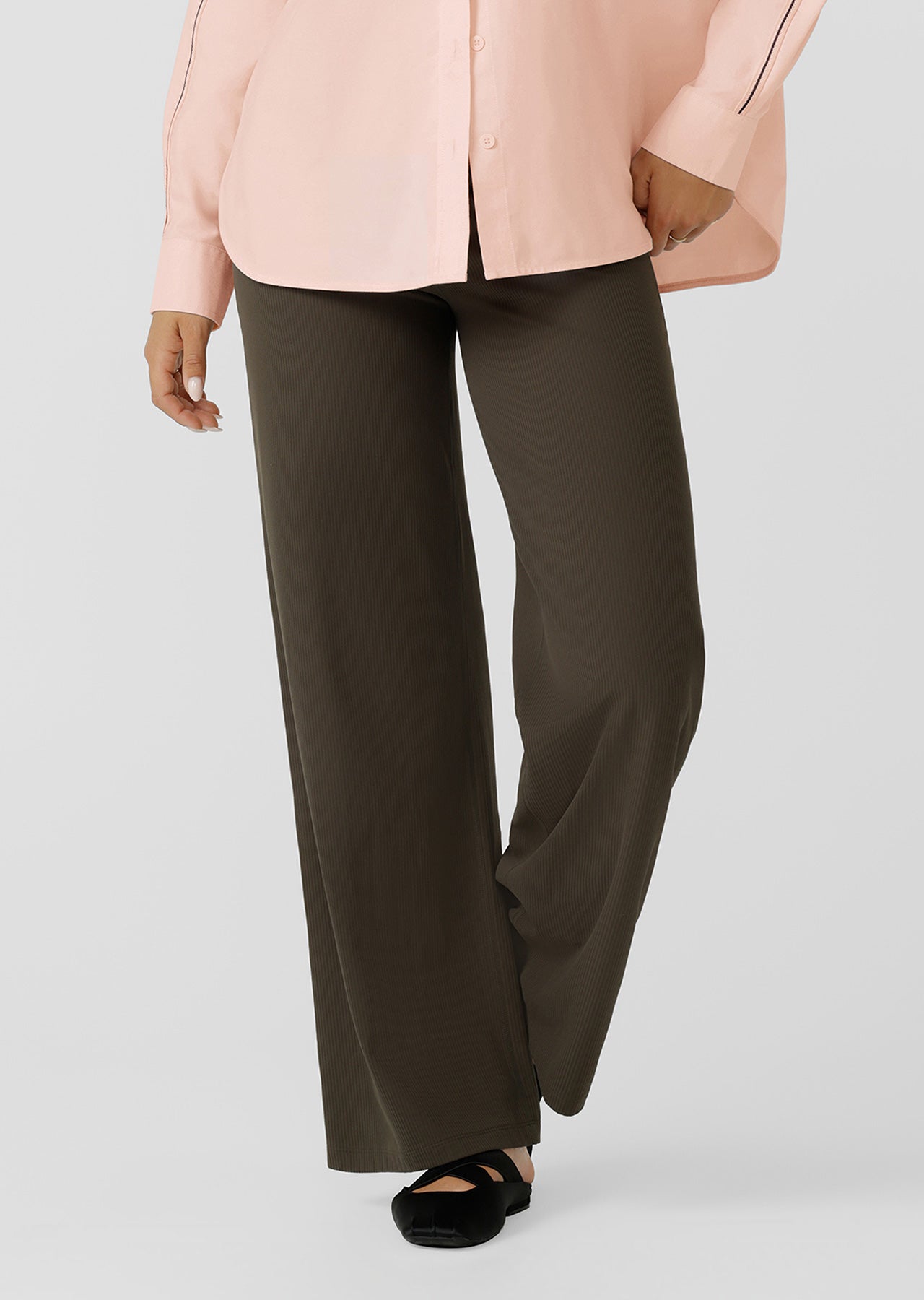 Lorna Jane Ultra Plush Luxe Rib Wide Leg Pants - Dark Khaki Haze