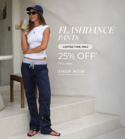 Woman in active wear, sipping a drink. Text: Flashdance pants. Limited Time Only. 25% Off*. T+Cs apply. Shop Now
