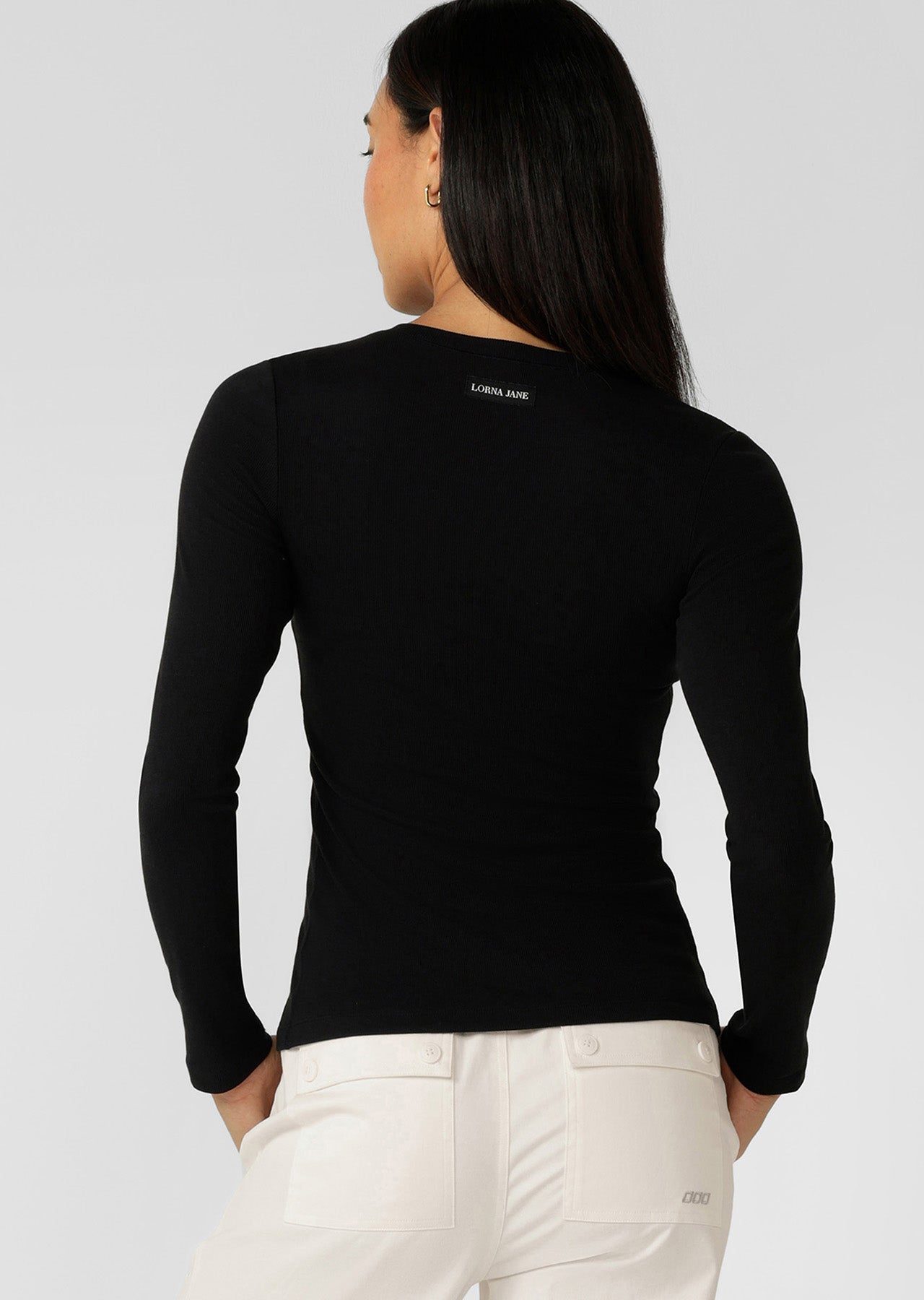 Lorna Jane Retro Snap Button Long Sleeve Rib Top - Black