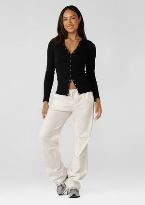 Lorna Jane Retro Snap Button Long Sleeve Rib Top - Black