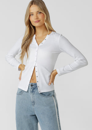 Lorna Jane Retro Snap Button Long Sleeve Rib Top - White