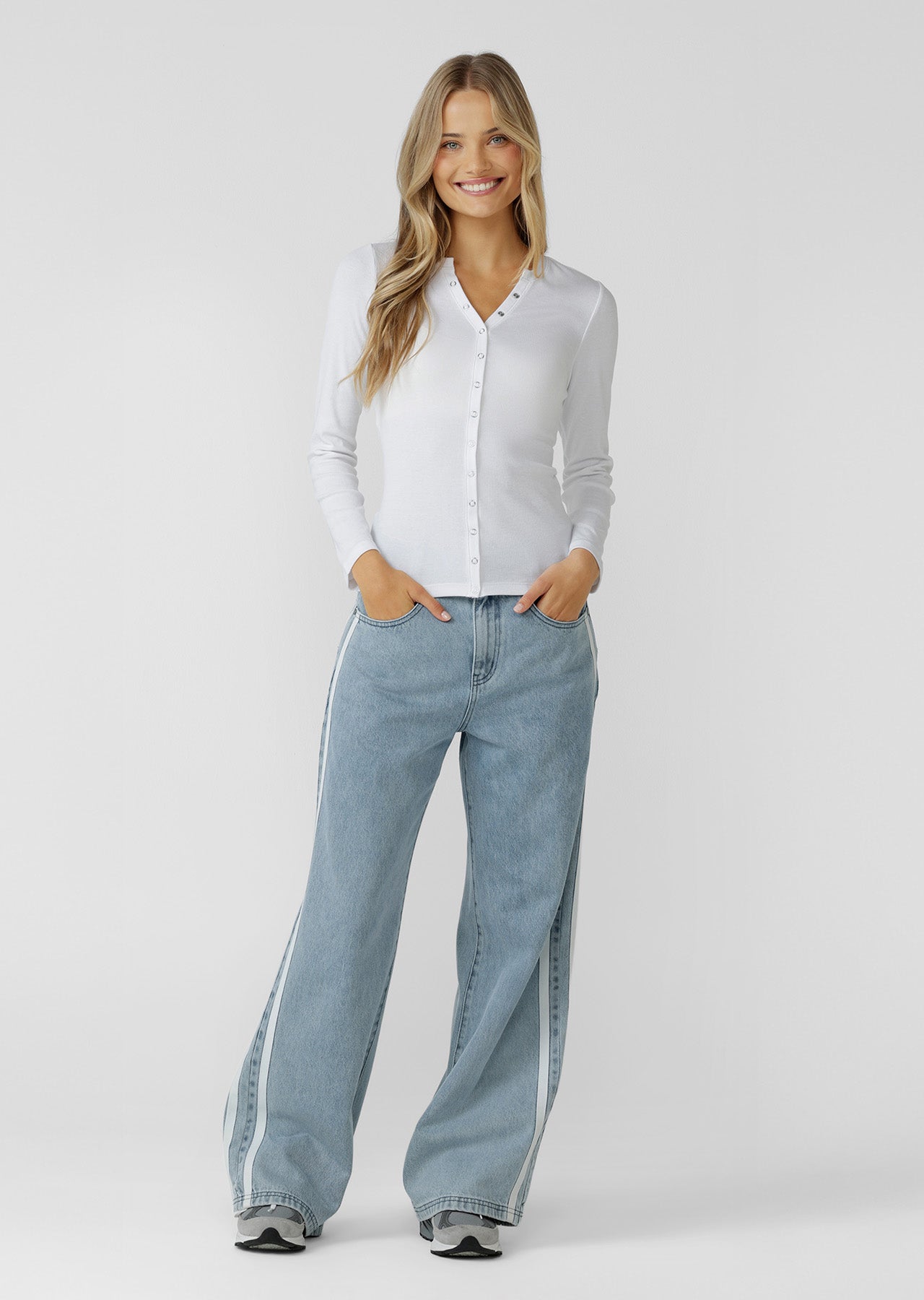 Lorna Jane Retro Snap Button Long Sleeve Rib Top - White