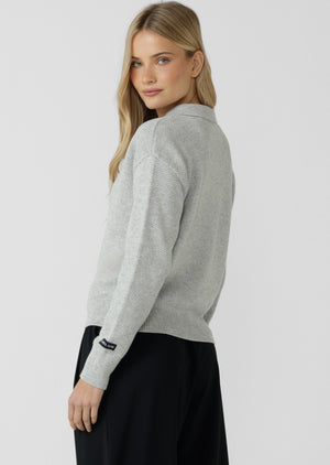 Lorna Jane Feeling Fine Knit Polo Top - Grey Marl
