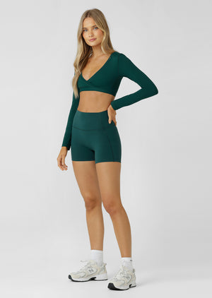 Lorna Jane Hi-Fold No Ride 2 Pocket 10cm Bike Shorts - Midnight Green