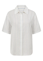 Lorna Jane Preset Stripe Linen Short Sleeve Shirt - Oxford Blue Stripe
