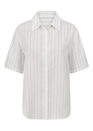 Lorna Jane Preset Stripe Linen Short Sleeve Shirt - Oxford Blue Stripe