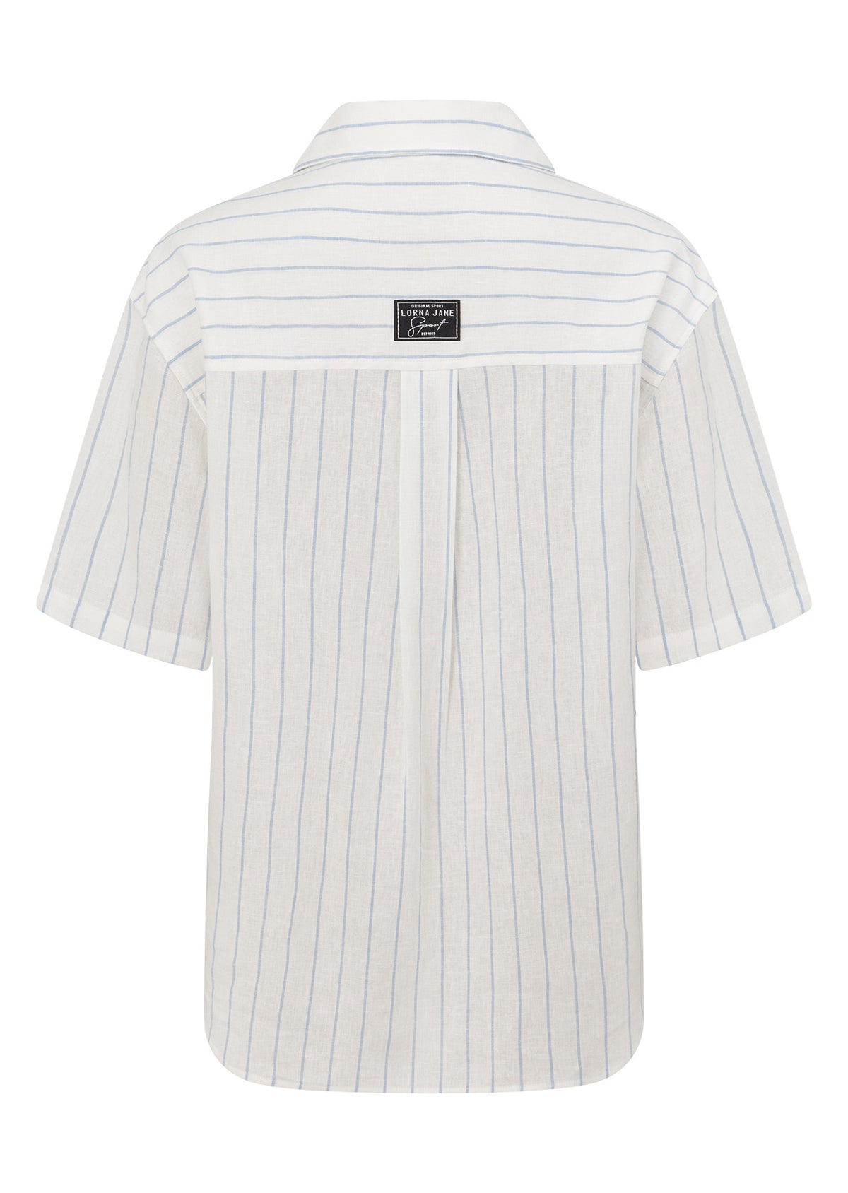 Lorna Jane Preset Stripe Linen Short Sleeve Shirt - Oxford Blue Stripe