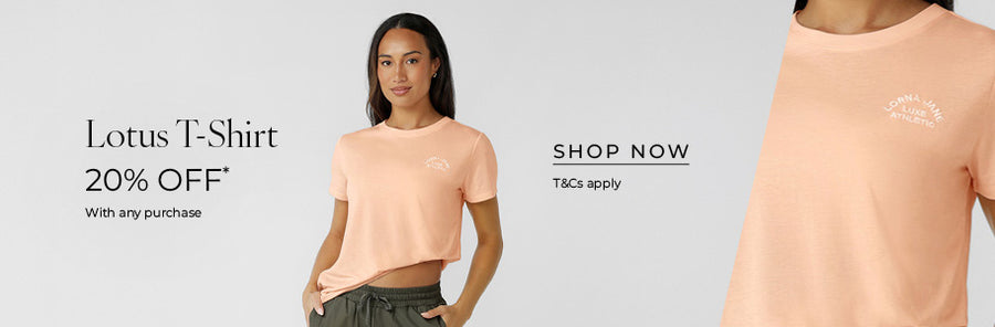 Women wearing Lotus T-Shirt. Text: Lotus T-shirt 20% Off* with any purchase. T&Cs apply - Shop Now. 