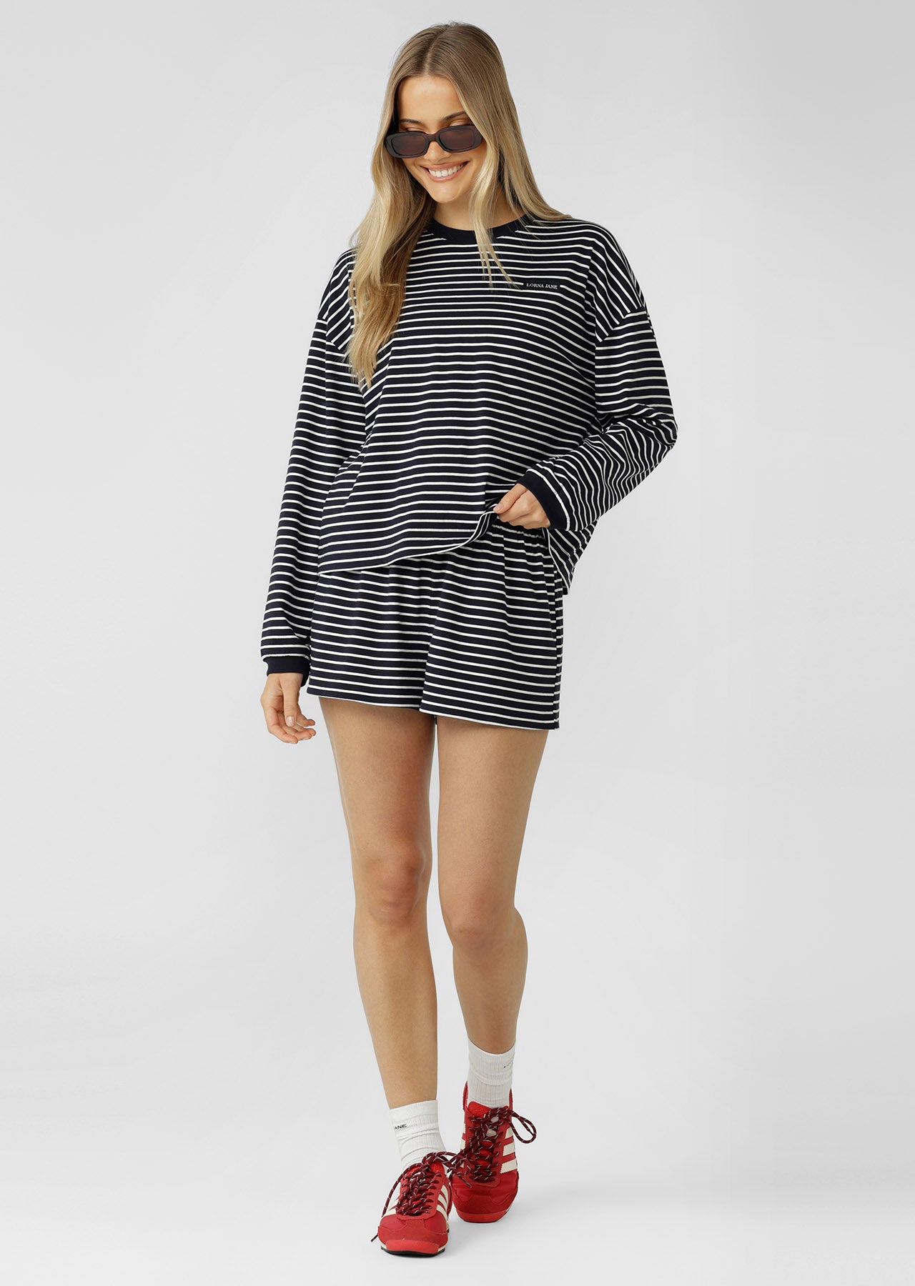Lorna Jane Summer Stripe Long Sleeve Lounge Top - Midnight Blue Mini Stripe