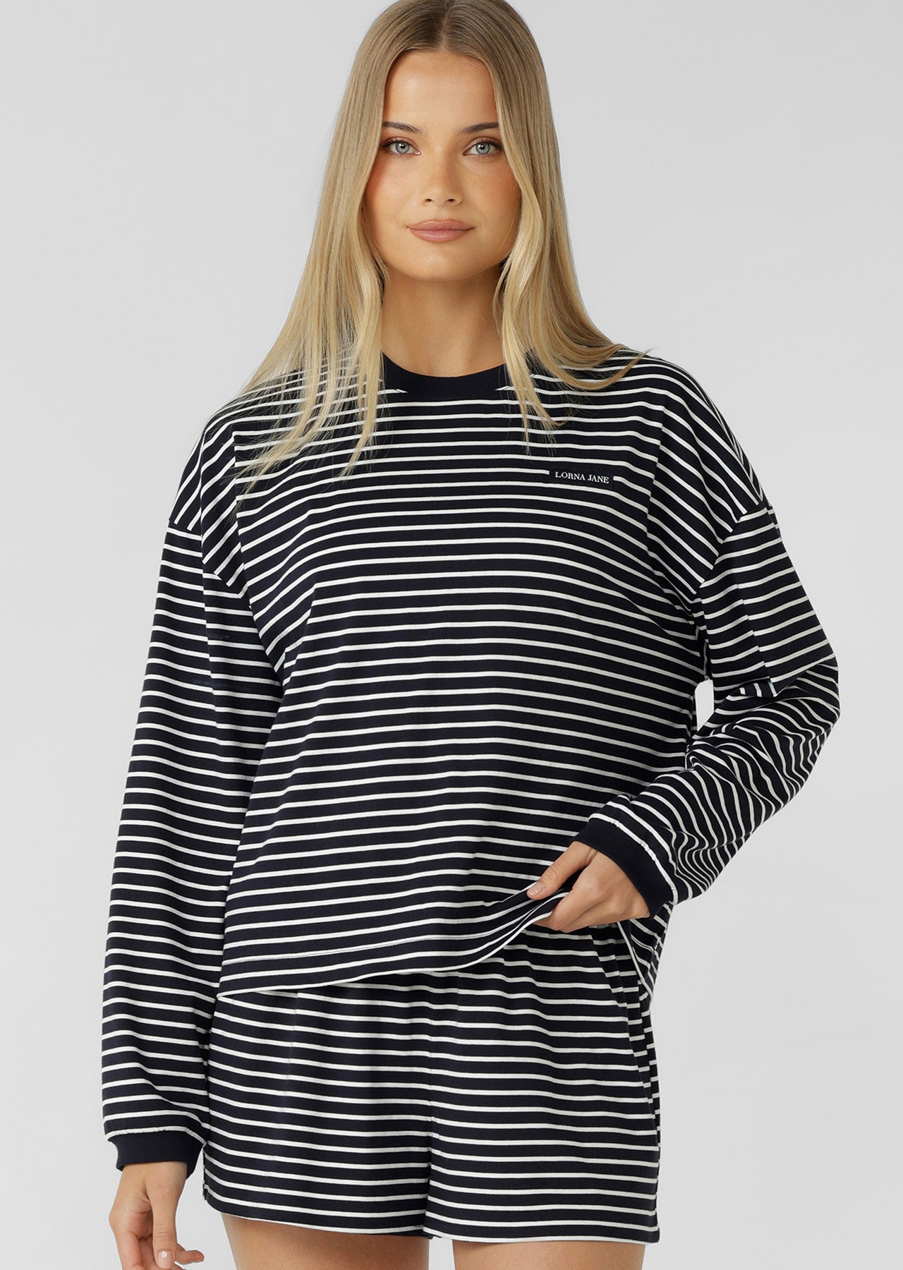 Lorna Jane Summer Stripe Long Sleeve Lounge Top - Midnight Blue Mini Stripe