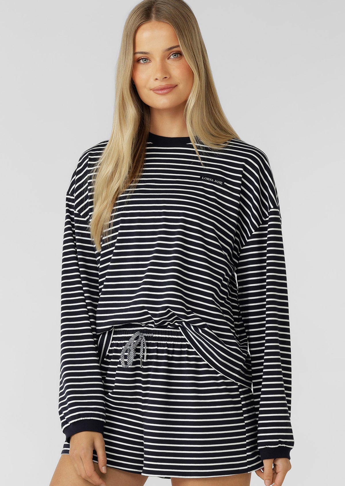 Lorna Jane Summer Stripe Long Sleeve Lounge Top - Midnight Blue Mini Stripe