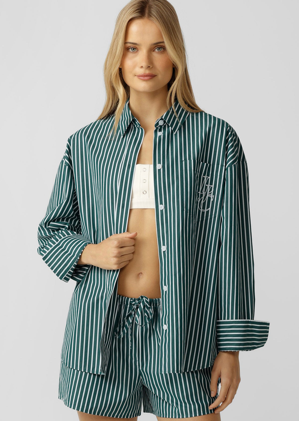 Lorna Jane LJC Oxford Club Long Sleeve Shirt - Palmetto Green Stripe