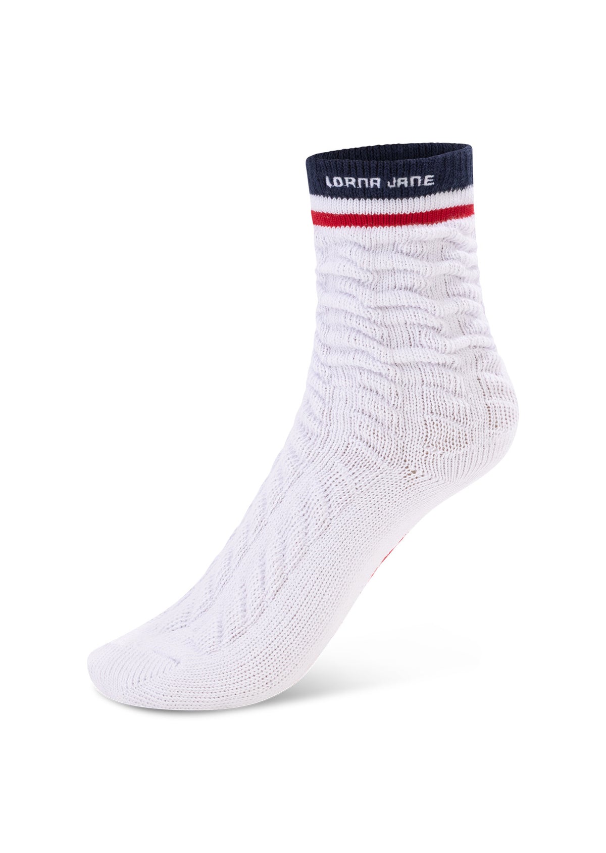 Lorna Jane LJ Cable Knit Scrunch Socks - White & Rose Red & Platinum Navy
