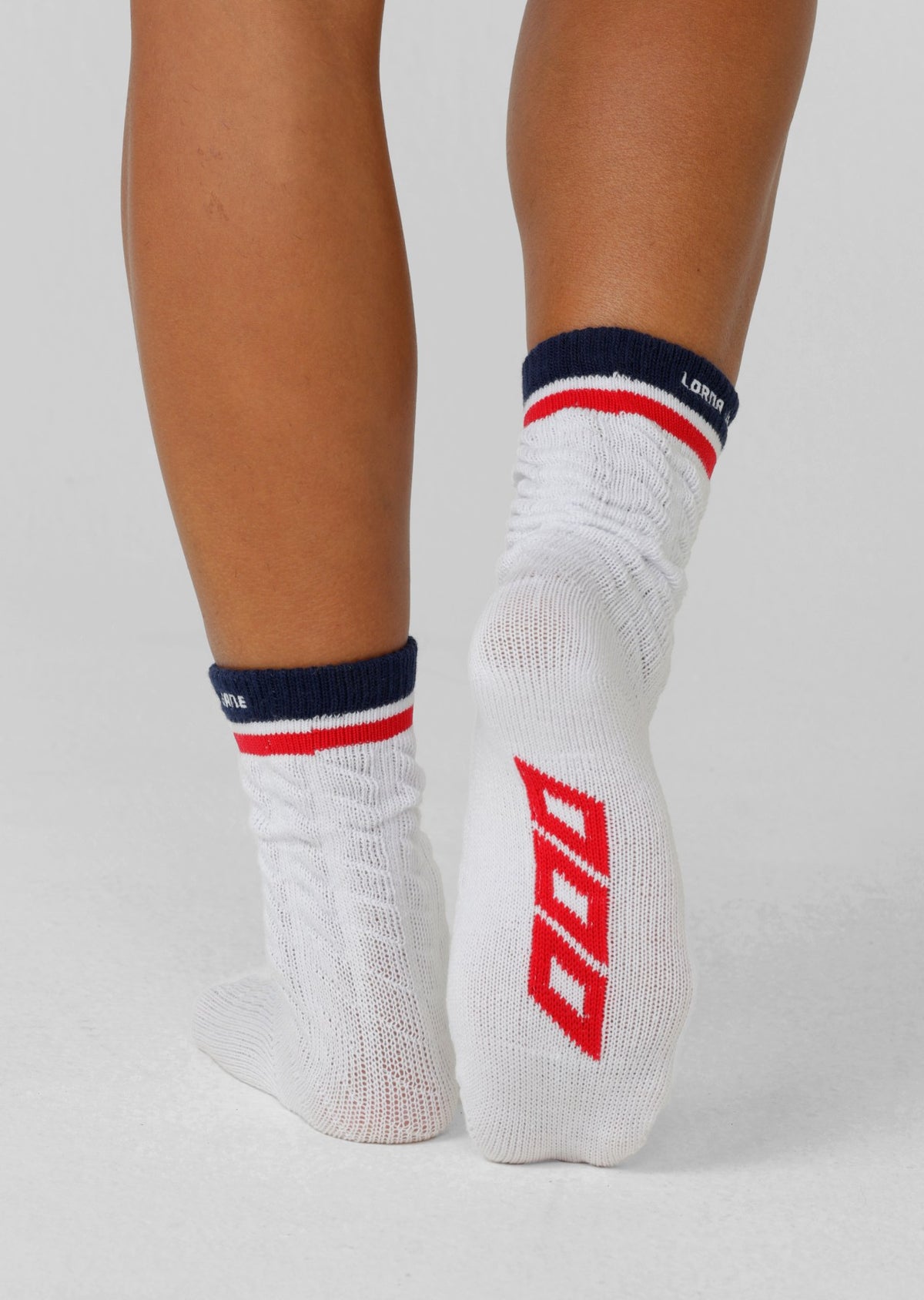 Lorna Jane LJ Cable Knit Scrunch Socks - White & Rose Red & Platinum Navy
