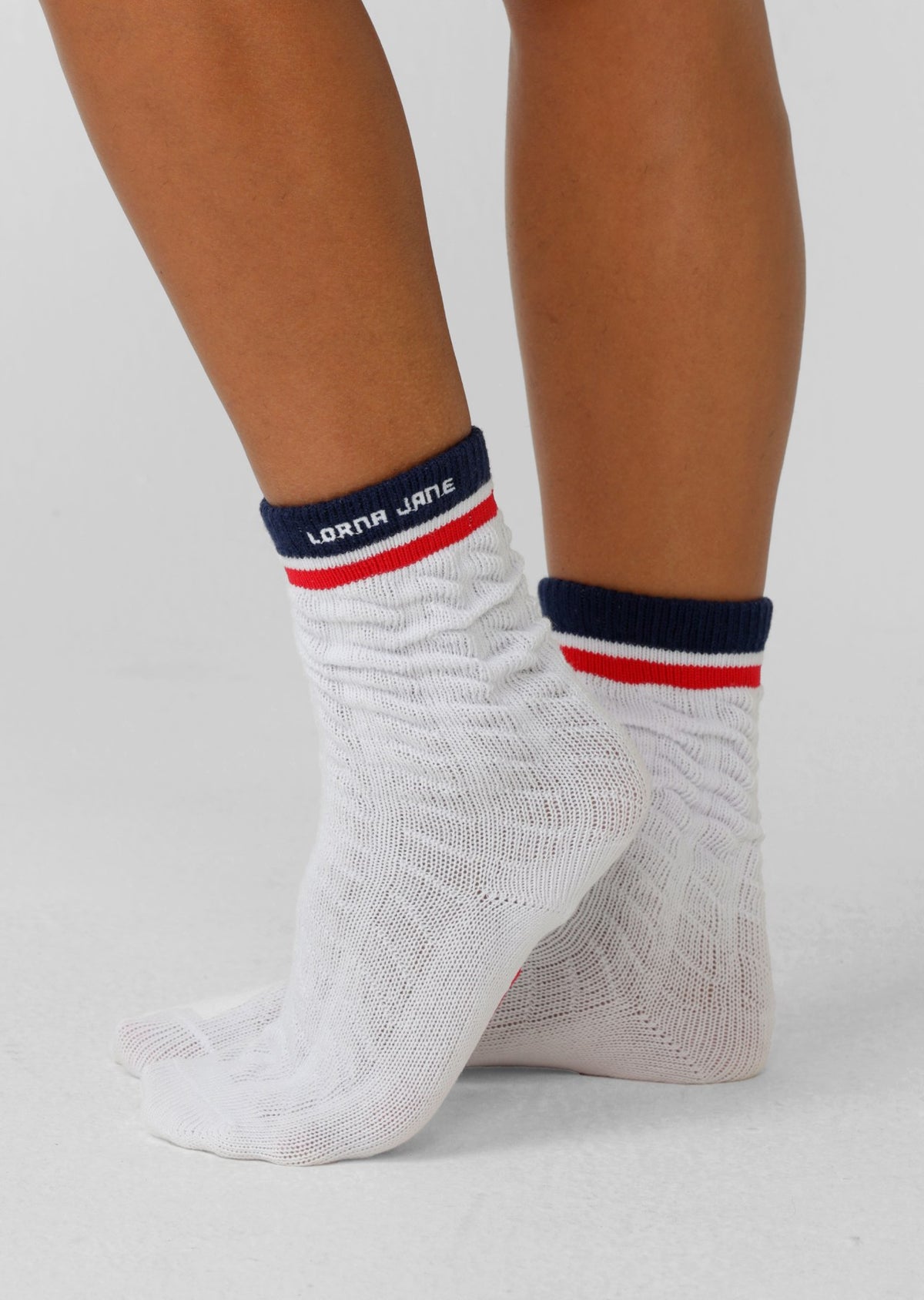 Lorna Jane LJ Cable Knit Scrunch Socks - White & Rose Red & Platinum Navy
