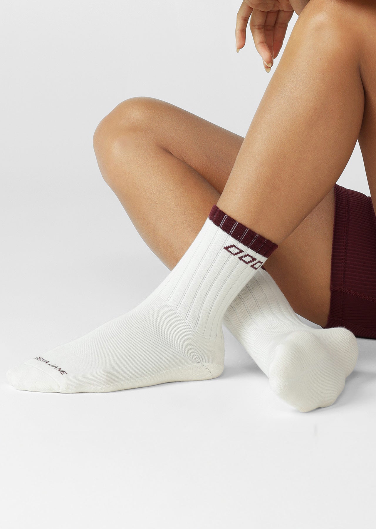 Lorna Jane Goal Line Sports Crew Socks - Cream & Plum Red