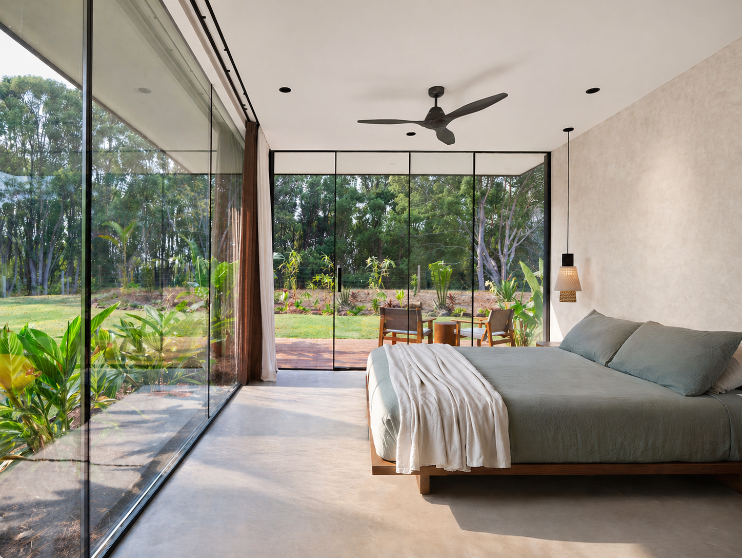 Large bed in a room with large glass walls. 