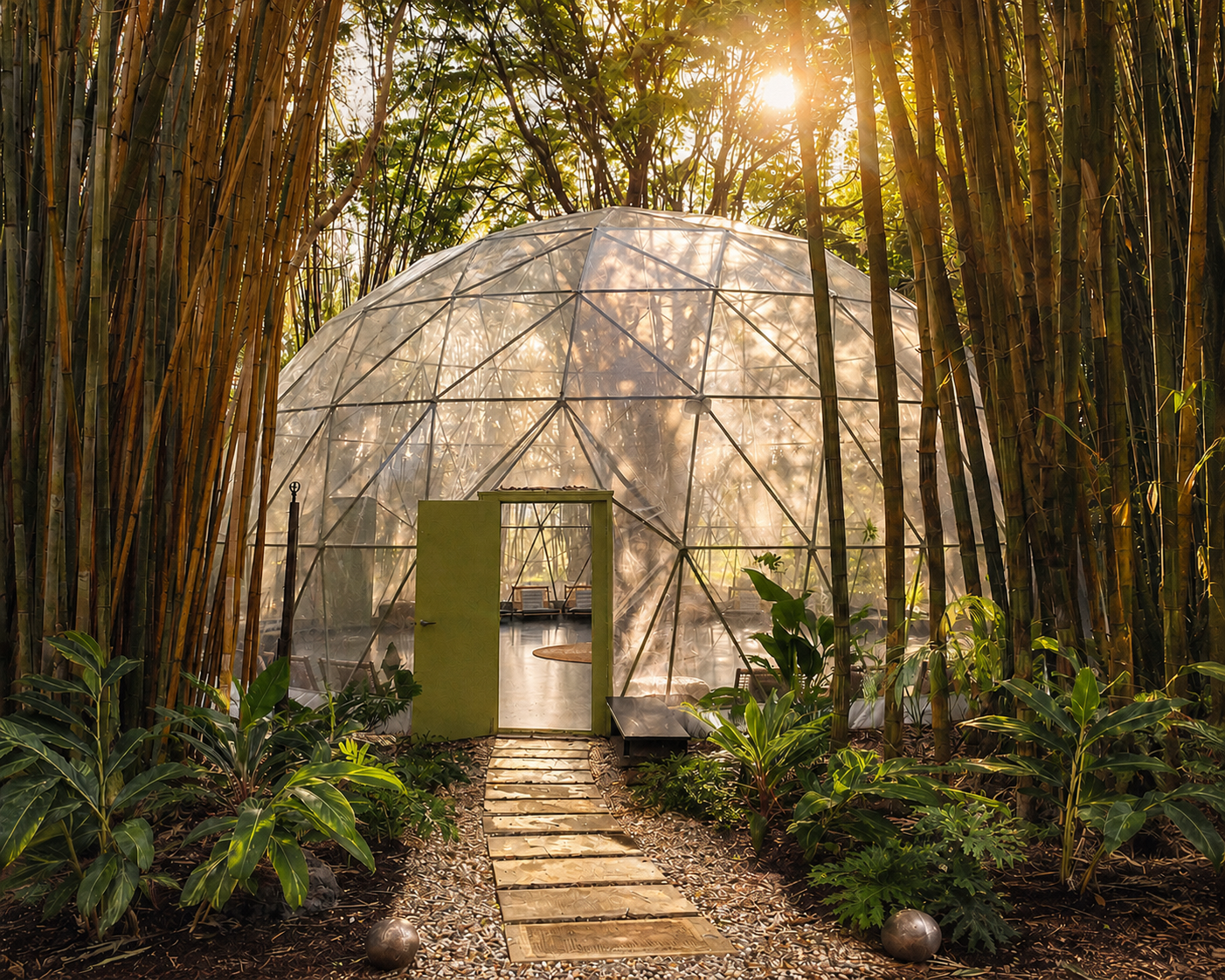 Geodesic dome in a bamboo forest.