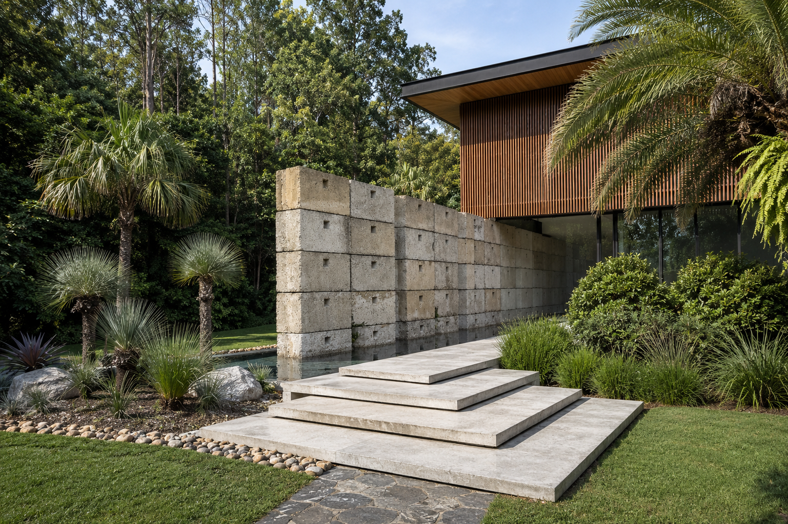 Cinderblock facade in a pond in front of a house and garden.