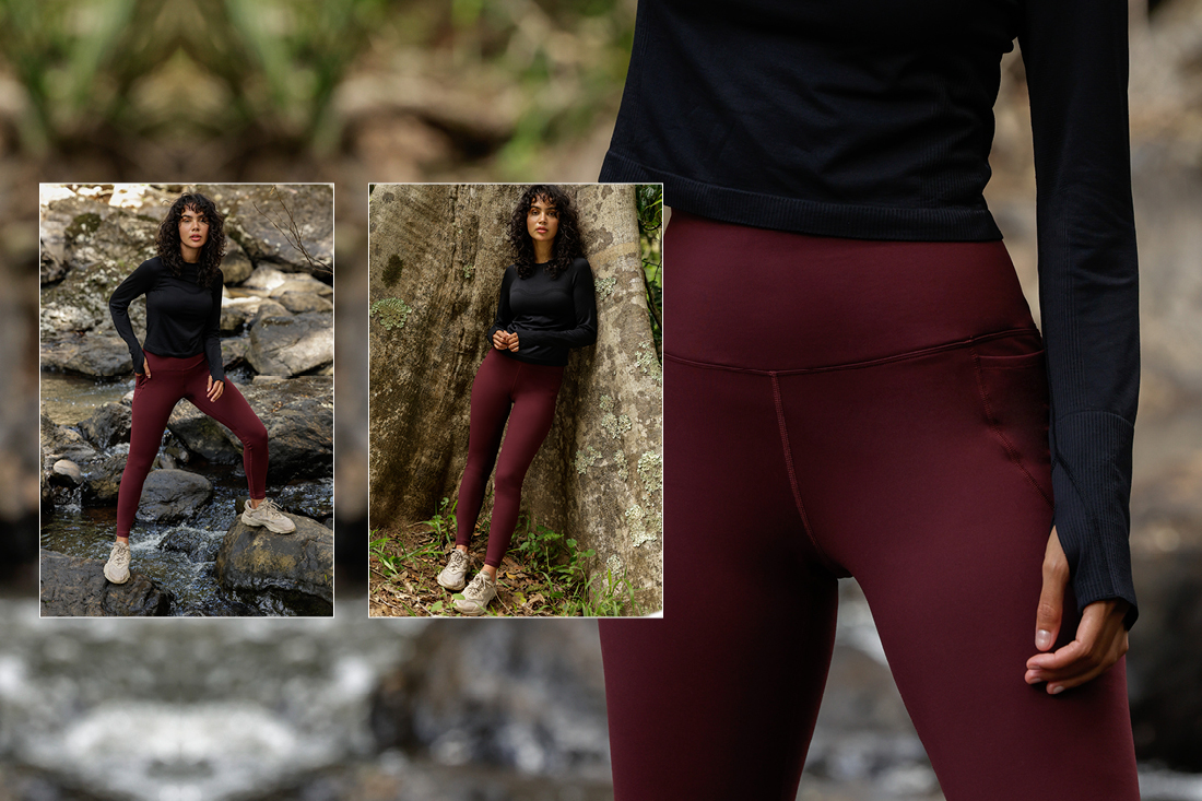 woman wearing burgundy red thermal tights with phone pockets and black long sleeve top