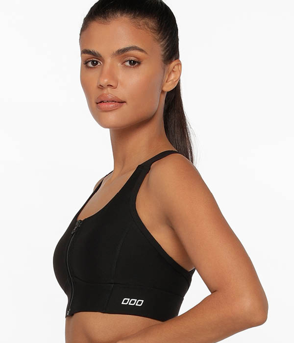Woman wearing lorna jane ultimate maximum support black sports bra