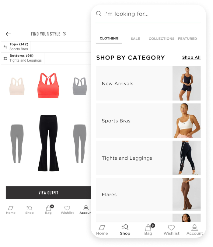Screenshots of the Mix and Match and shop by category screens on the Lorna Jane App