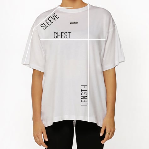 lorna jane white boyfriend tee on woman showing measurement lines for size guide reference