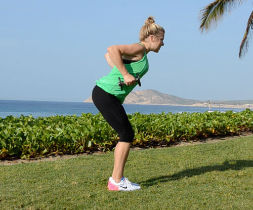woman-wearing-green-tank-and-black-leggings-doing-best-arm-workouts-for-summer-dumbell-bent-over-rows