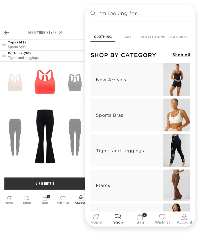 Screenshots of the Lorna Jane App Mix and Match feature and the shop by category page