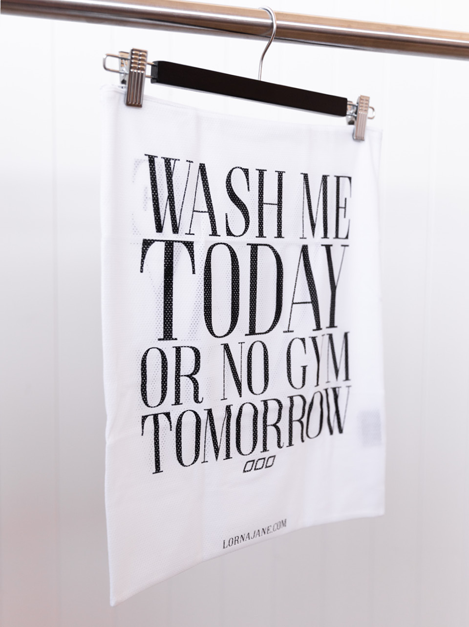 Decorative image of Lorna Jane Washbag with text Wash Me Today or No Gym Tomorrow
