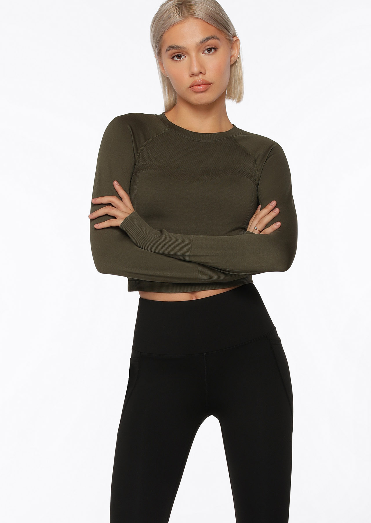 Cropped Lace Trim Long Sleeve Top in Grey Matter